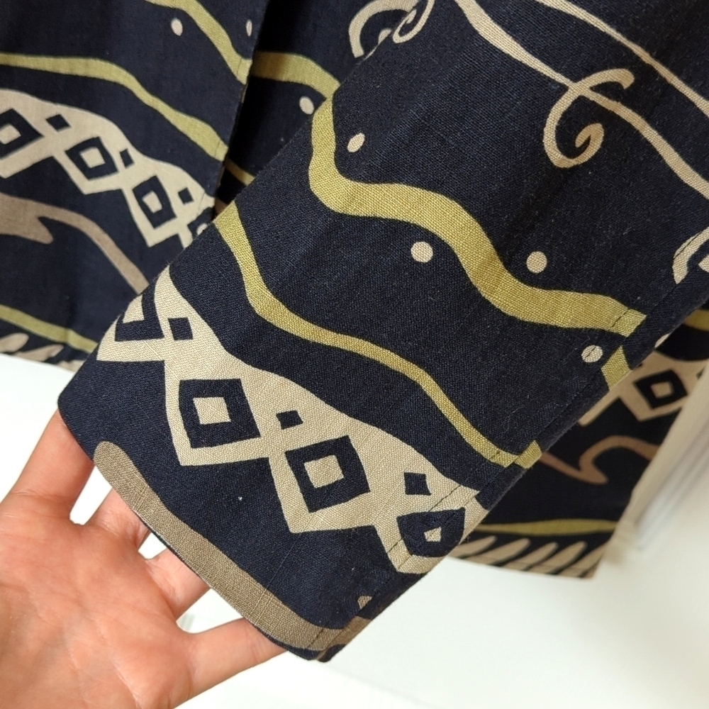 Rafaella 80's Vintage Funky Printed Linen Blend Boxy Blazer Jacket Black Tan 8 - Picture 9 of 12